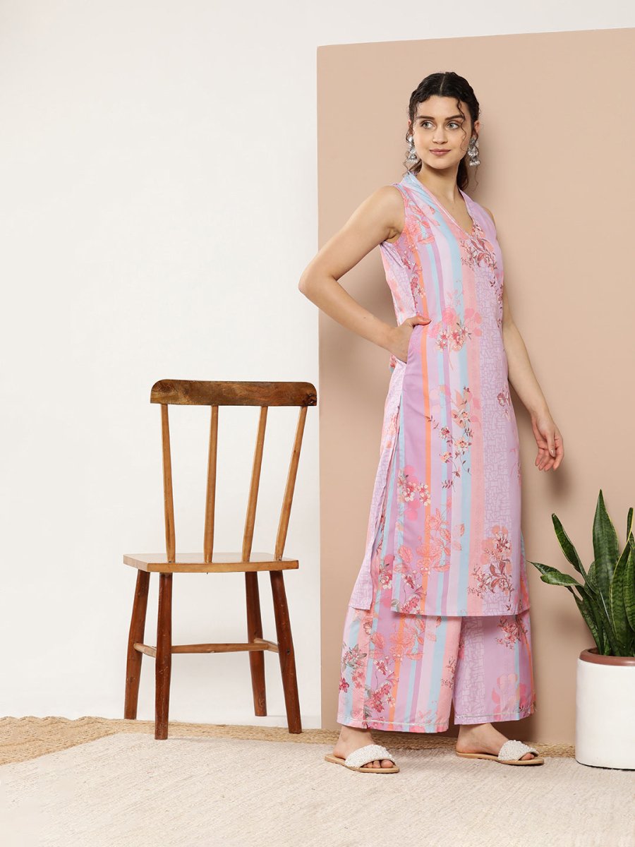 Ahalyaa Women Lavender Floral Printed Gotta Patti Kurta with Palazzos & With Dupatta | Grocsy