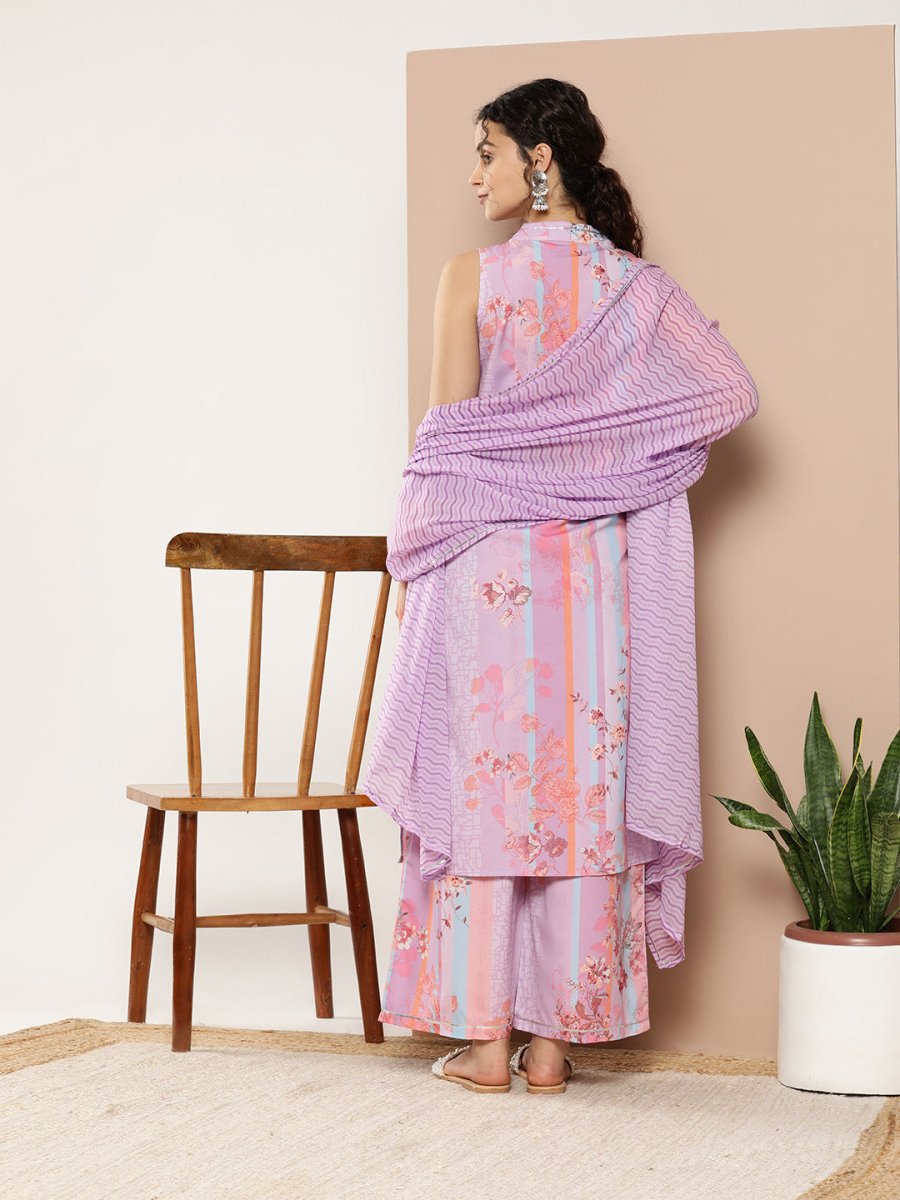 Ahalyaa Women Lavender Floral Printed Gotta Patti Kurta with Palazzos & With Dupatta | Grocsy
