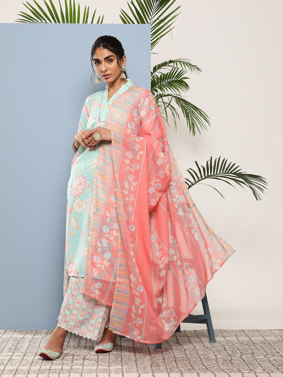 Ahalyaa Women Blue Floral Printed Gotta Patti Kurta with Palazzos & With Dupatta | Grocsy
