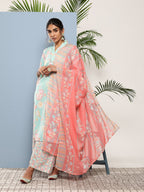 Ahalyaa Women Blue Floral Printed Gotta Patti Kurta with Palazzos & With Dupatta | Grocsy
