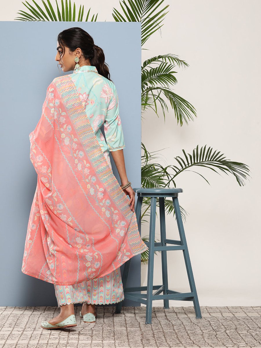 Ahalyaa Women Blue Floral Printed Gotta Patti Kurta with Palazzos & With Dupatta | Grocsy