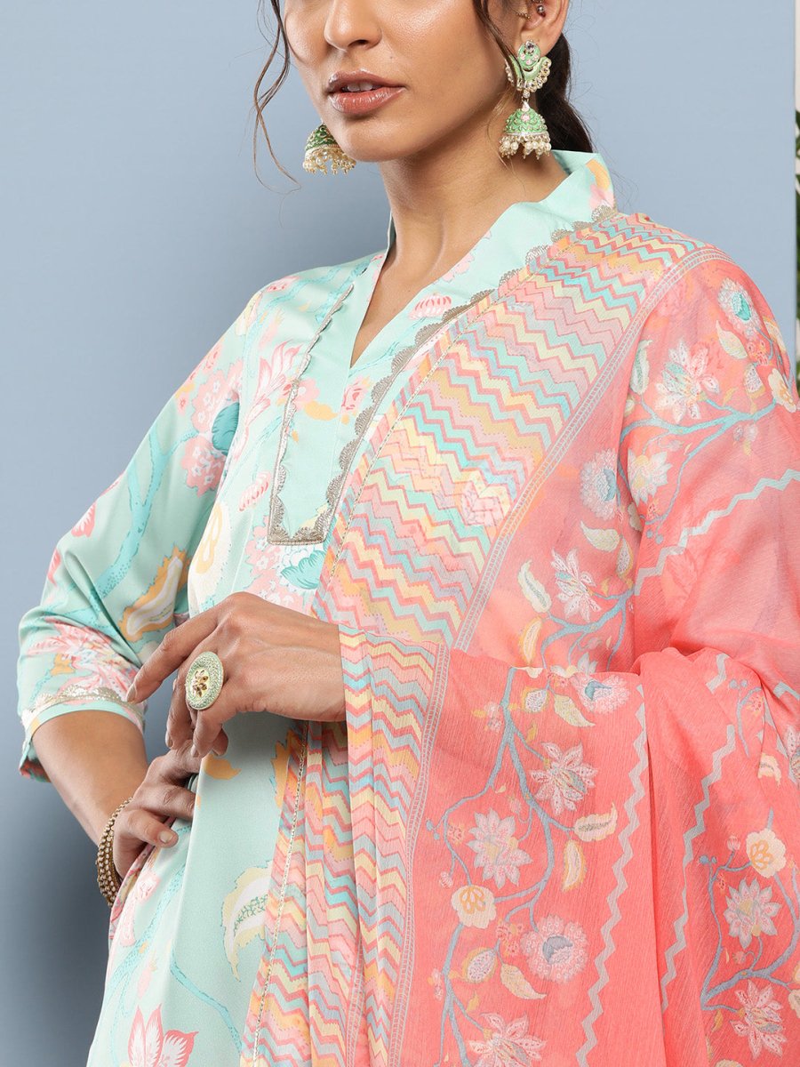Ahalyaa Women Blue Floral Printed Gotta Patti Kurta with Palazzos & With Dupatta | Grocsy