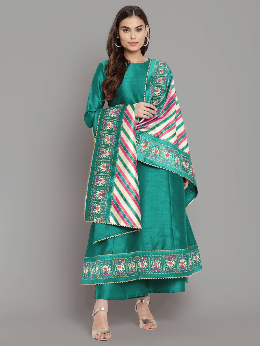 Ahalyaa Women Sea Green Printed Gotta Patti Kurti with Palazzos & Dupatta | Grocsy