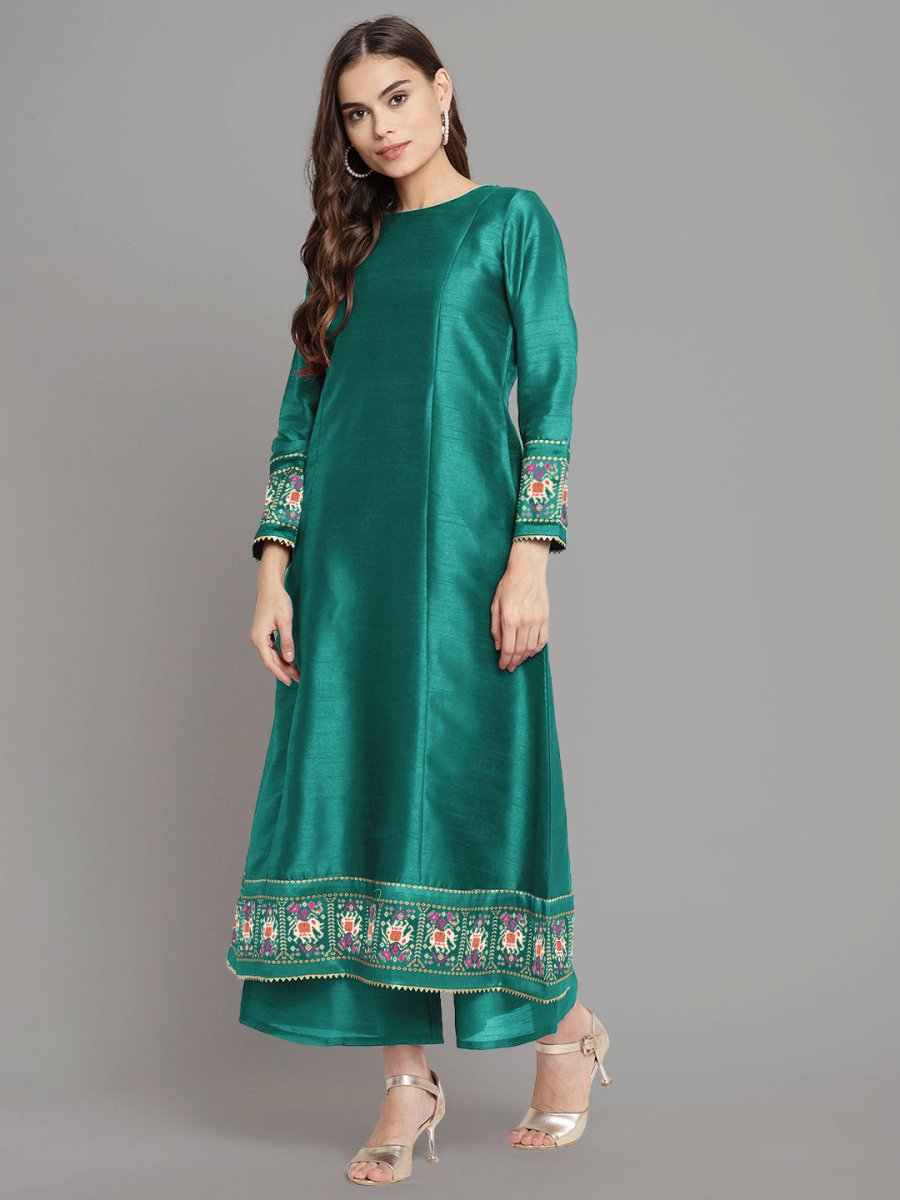 Ahalyaa Women Sea Green Printed Gotta Patti Kurti with Palazzos & Dupatta | Grocsy