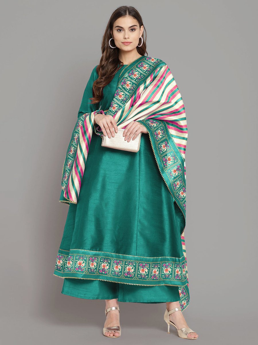 Ahalyaa Women Sea Green Printed Gotta Patti Kurti with Palazzos & Dupatta | Grocsy