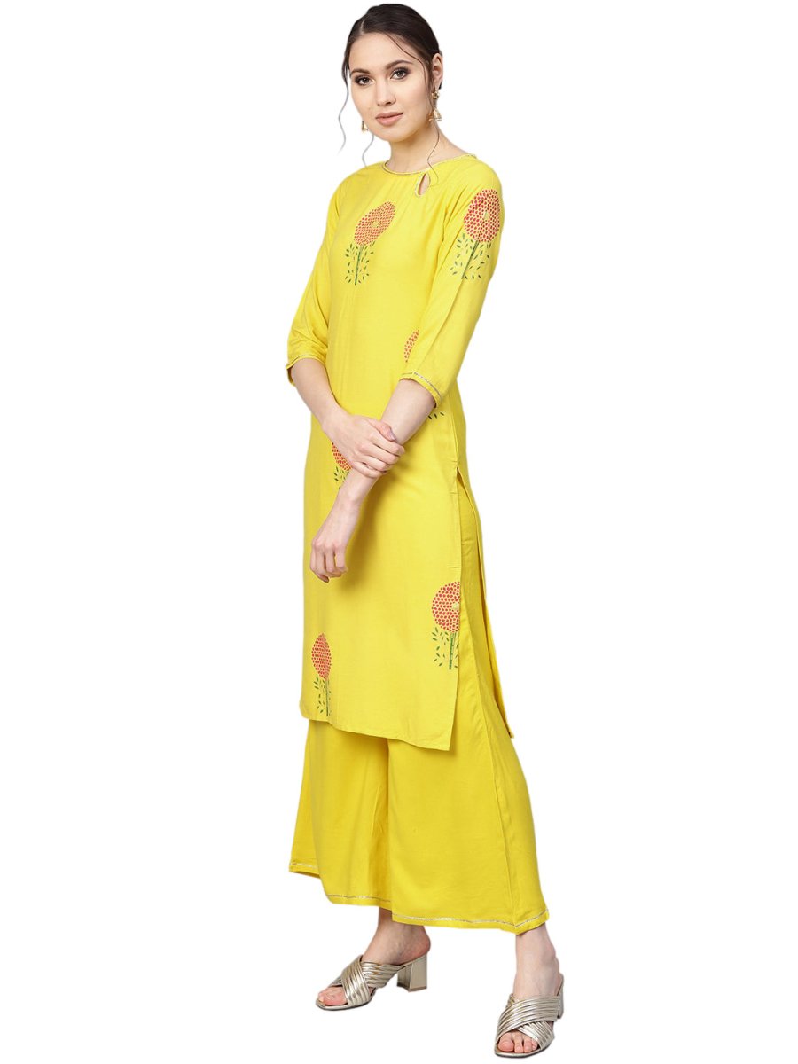 Ahalyaa Yellow Viscose Rayon Straight Kurta Set | Grocsy