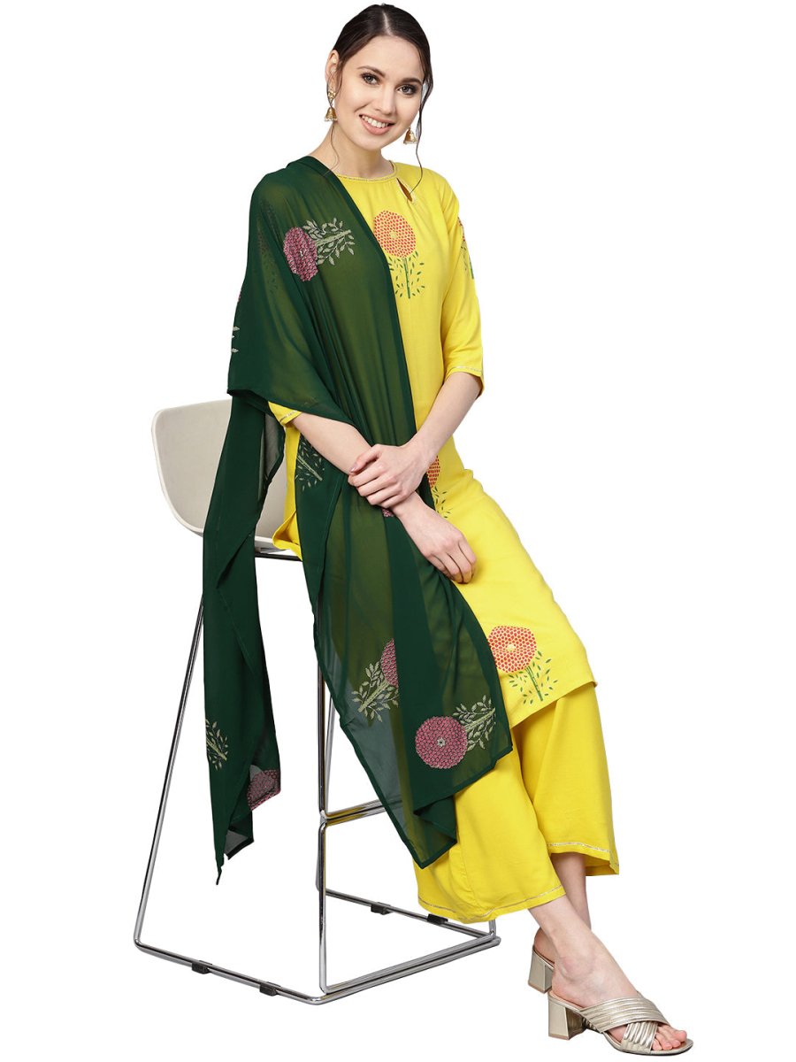 Ahalyaa Yellow Viscose Rayon Straight Kurta Set | Grocsy