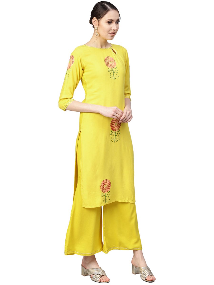 Ahalyaa Yellow Viscose Rayon Straight Kurta Set | Grocsy