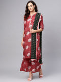 Ahalyaa Women Maroon Printed Kurta with Palazzo & Dupatta | Grocsy
