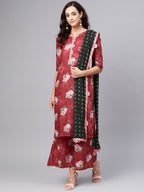 Ahalyaa Women Maroon Printed Kurta with Palazzo & Dupatta | Grocsy