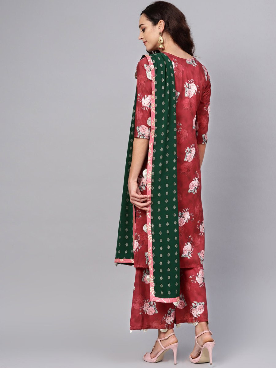 Ahalyaa Women Maroon Printed Kurta with Palazzo & Dupatta | Grocsy