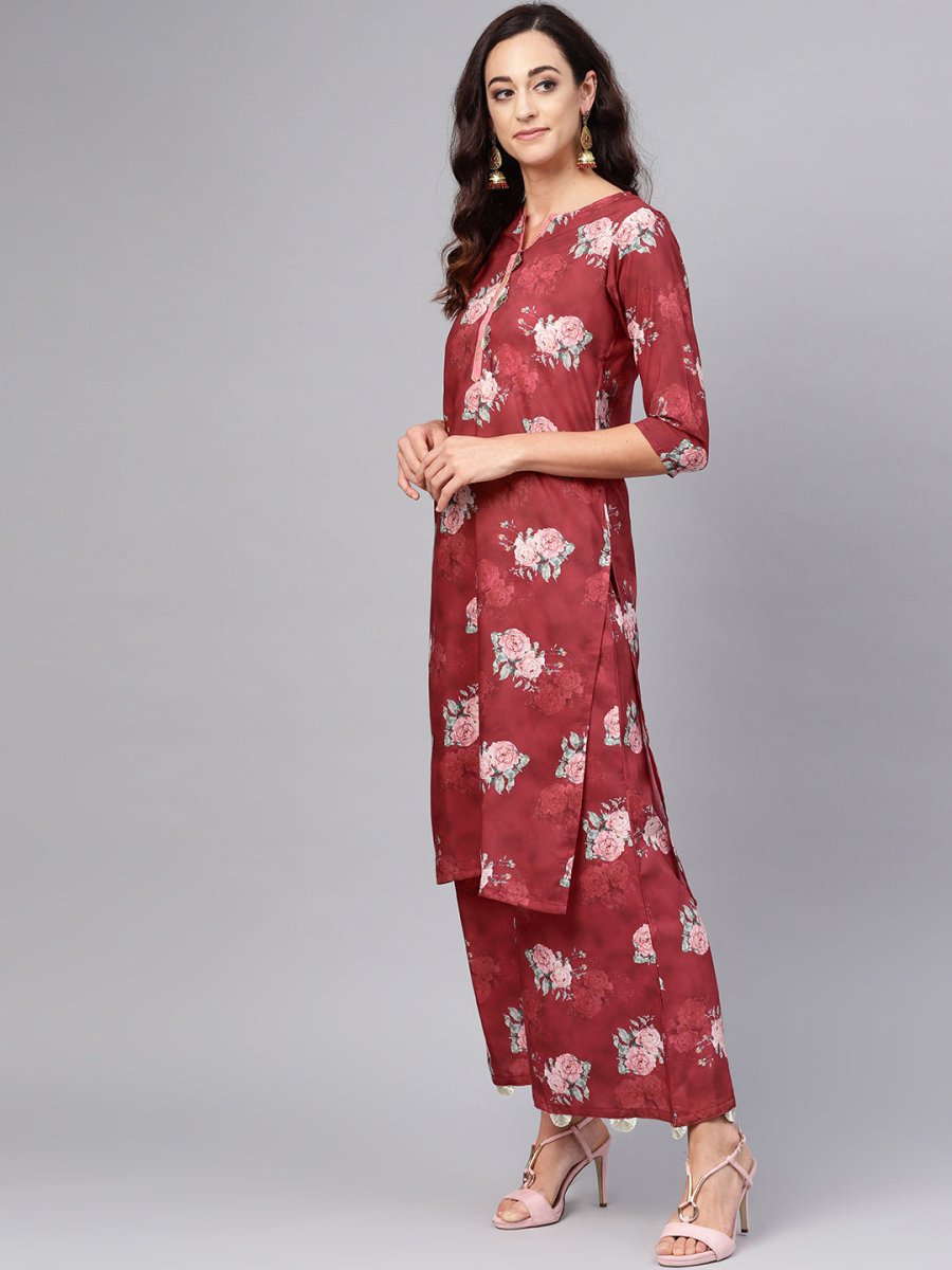 Ahalyaa Women Maroon Printed Kurta with Palazzo & Dupatta | Grocsy