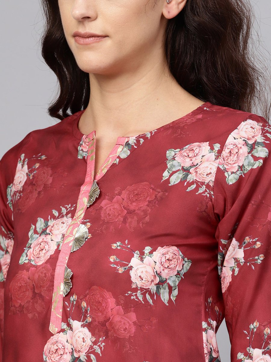 Ahalyaa Women Maroon Printed Kurta with Palazzo & Dupatta | Grocsy