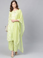 Ahalyaa Women Green & White Printed Kurta with Palazzos & Dupatta | Grocsy