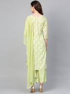 Ahalyaa Women Green & White Printed Kurta with Palazzos & Dupatta | Grocsy