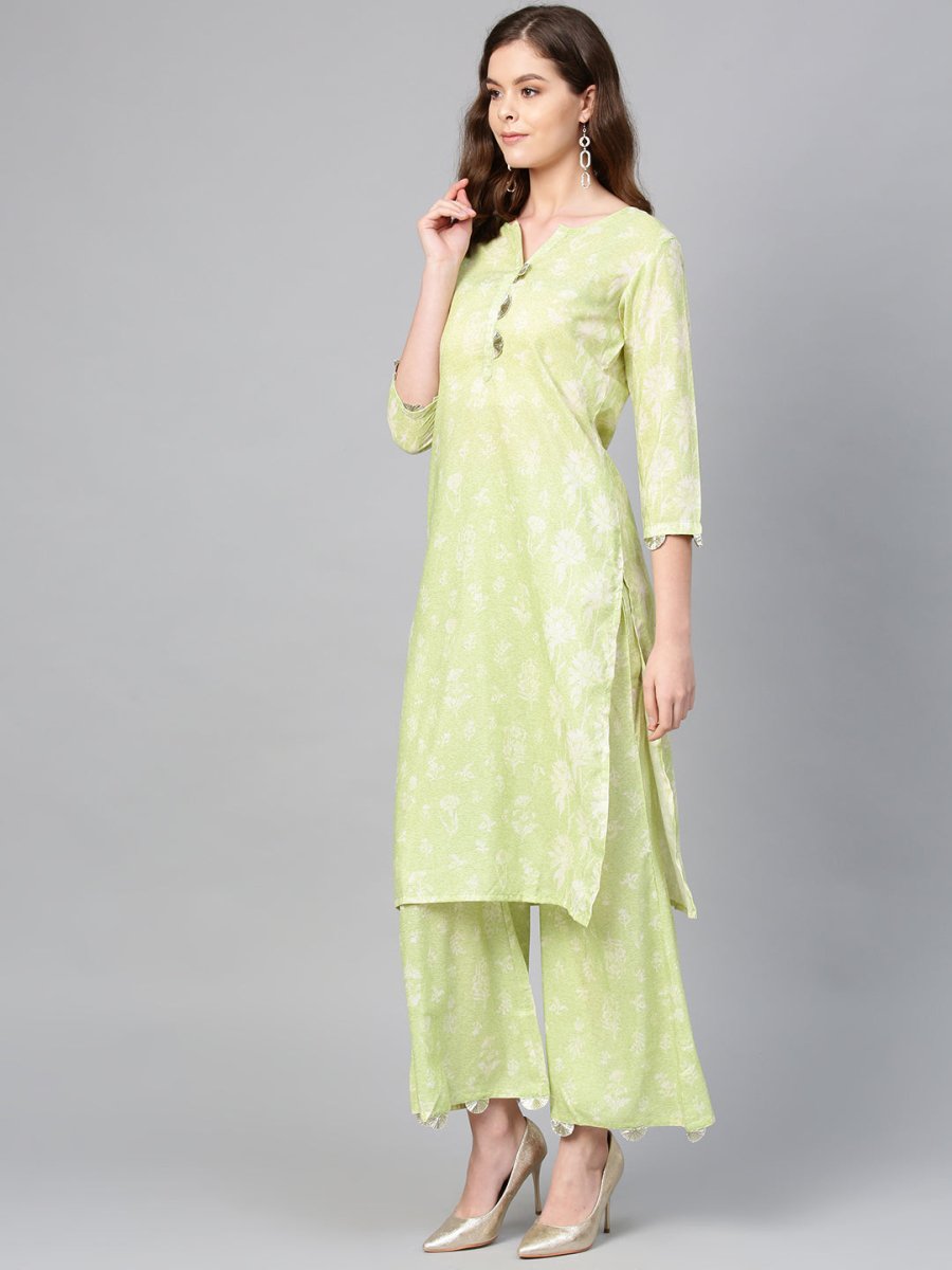 Ahalyaa Women Green & White Printed Kurta with Palazzos & Dupatta | Grocsy