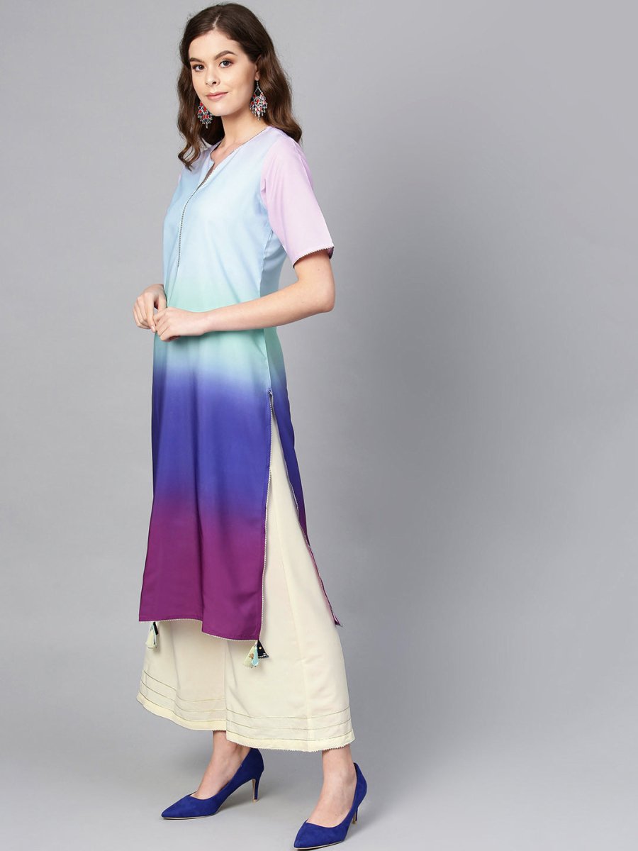 Ahalyaa Women Blue & Off-White Dyed Kurta with Palazzos & Dupatta | Grocsy