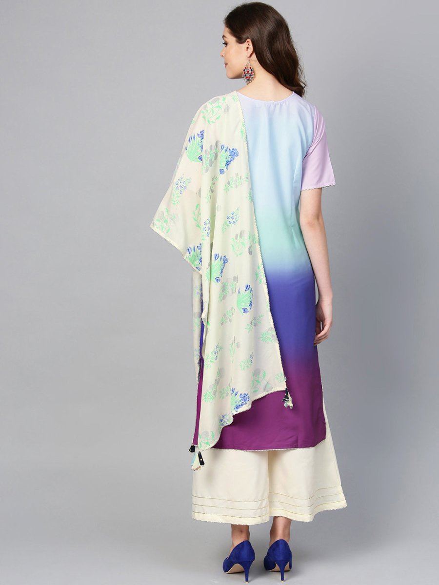 Ahalyaa Women Blue & Off-White Dyed Kurta with Palazzos & Dupatta | Grocsy