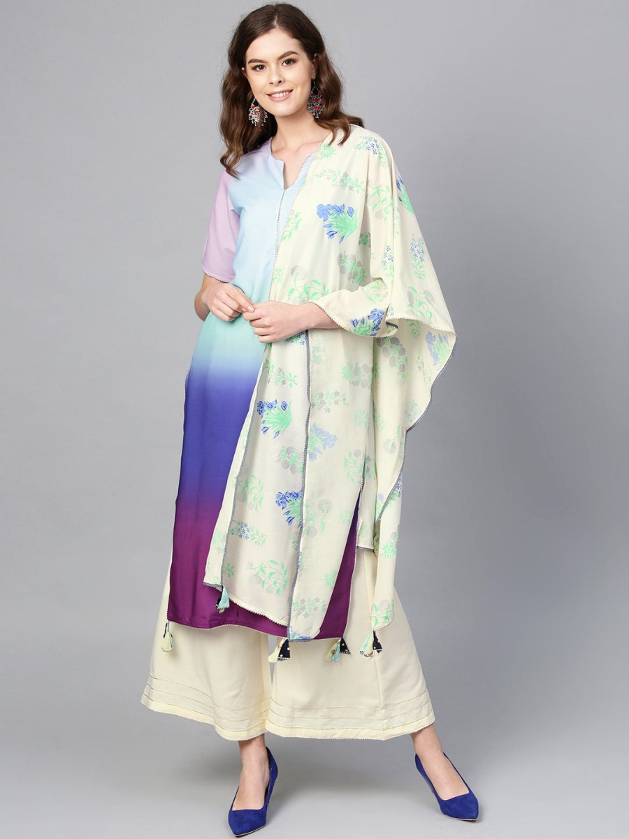 Ahalyaa Women Blue & Off-White Dyed Kurta with Palazzos & Dupatta | Grocsy