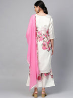 Ahalyaa Women Off-White & Pink Printed Kurta with Palazzos & Dupatta | Grocsy