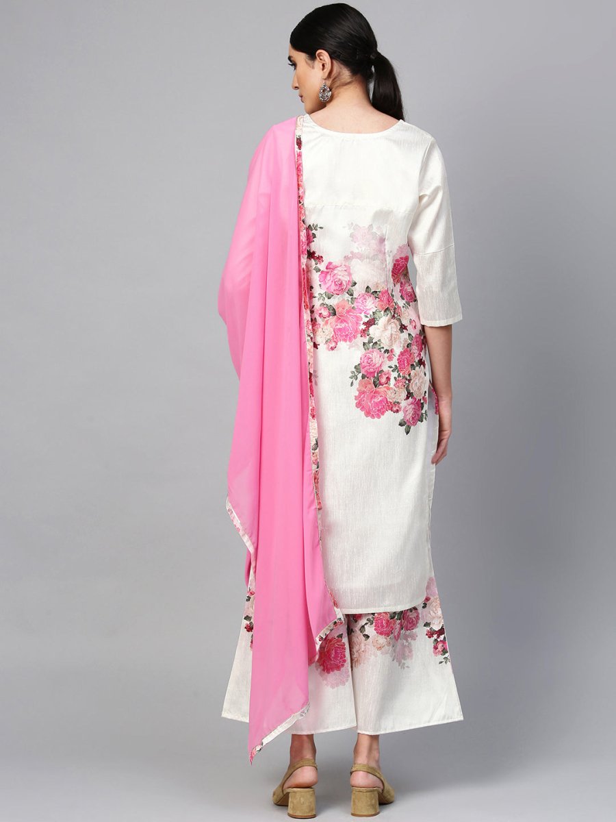 Ahalyaa Women Off-White & Pink Printed Kurta with Palazzos & Dupatta | Grocsy