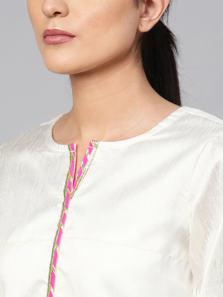Ahalyaa Women Off-White & Pink Printed Kurta with Palazzos & Dupatta | Grocsy