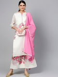 Ahalyaa Women Off-White & Pink Printed Kurta with Palazzos & Dupatta | Grocsy