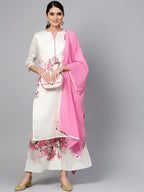 Ahalyaa Women Off-White & Pink Printed Kurta with Palazzos & Dupatta | Grocsy