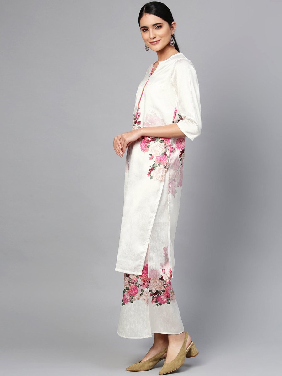 Ahalyaa Women Off-White & Pink Printed Kurta with Palazzos & Dupatta | Grocsy