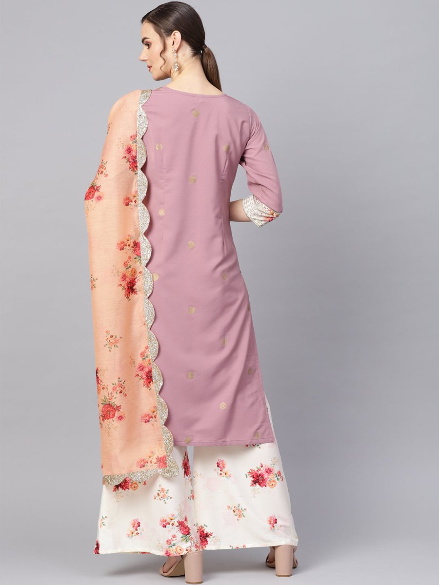 Ahalyaa Women Mauve & Cream-Coloured Printed Kurta with Palazzos & Dupatta | Grocsy