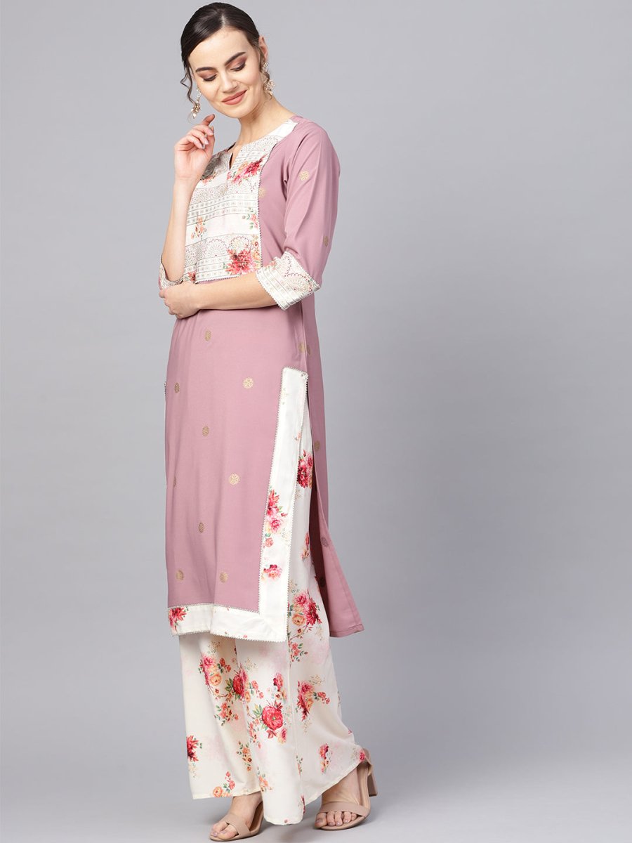 Ahalyaa Women Mauve & Cream-Coloured Printed Kurta with Palazzos & Dupatta | Grocsy
