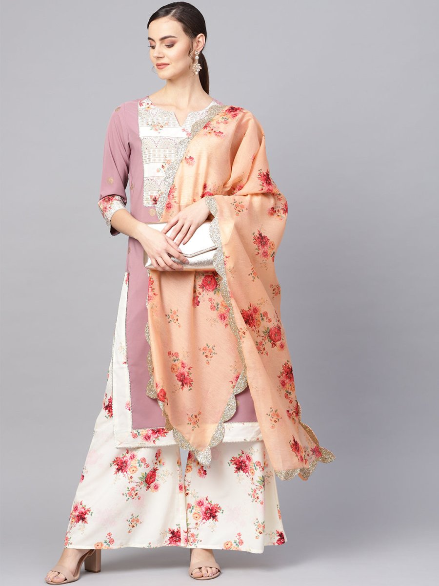 Ahalyaa Women Mauve & Cream-Coloured Printed Kurta with Palazzos & Dupatta | Grocsy