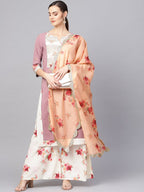 Ahalyaa Women Mauve & Cream-Coloured Printed Kurta with Palazzos & Dupatta | Grocsy