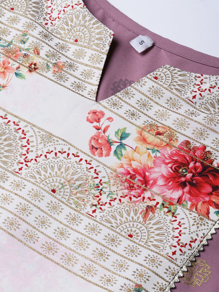 Ahalyaa Women Mauve & Cream-Coloured Printed Kurta with Palazzos & Dupatta | Grocsy