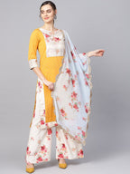 Ahalyaa Mustard Yellow & Cream-Coloured Printed Kurta with Palazzos & Dupatta | Grocsy