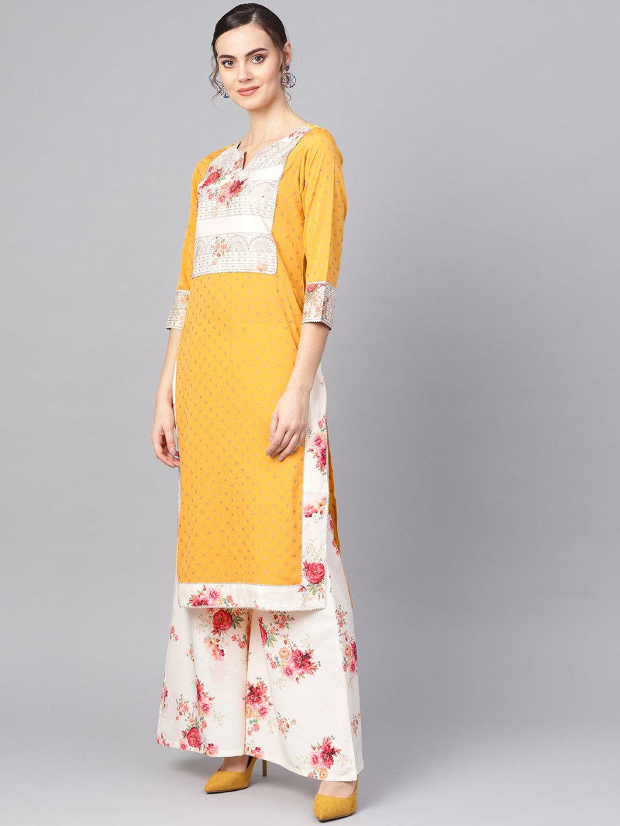 Ahalyaa Mustard Yellow & Cream-Coloured Printed Kurta with Palazzos & Dupatta | Grocsy
