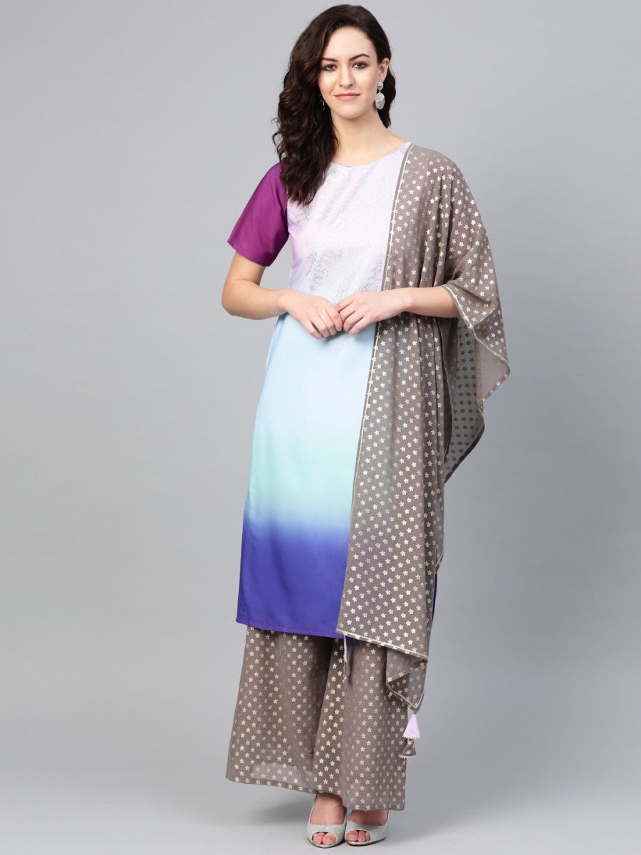 Ahalyaa Women Blue & Charcoal Grey Printed Kurta with Palazzos & Dupatta | Grocsy