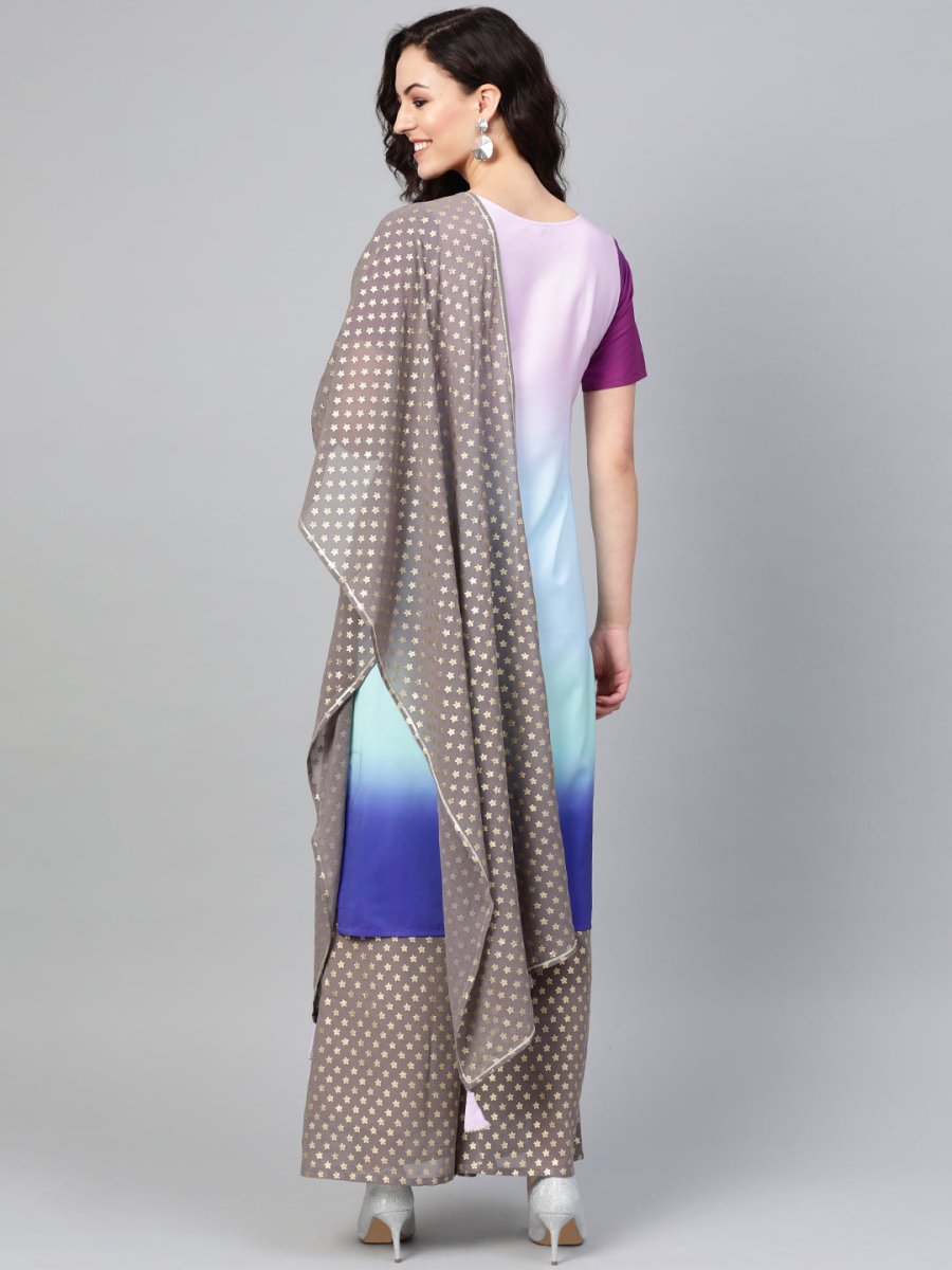 Ahalyaa Women Blue & Charcoal Grey Printed Kurta with Palazzos & Dupatta | Grocsy