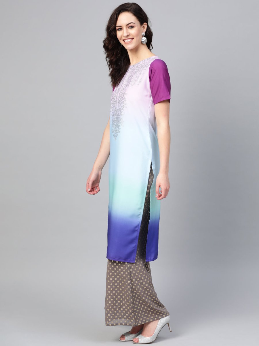 Ahalyaa Women Blue & Charcoal Grey Printed Kurta with Palazzos & Dupatta | Grocsy