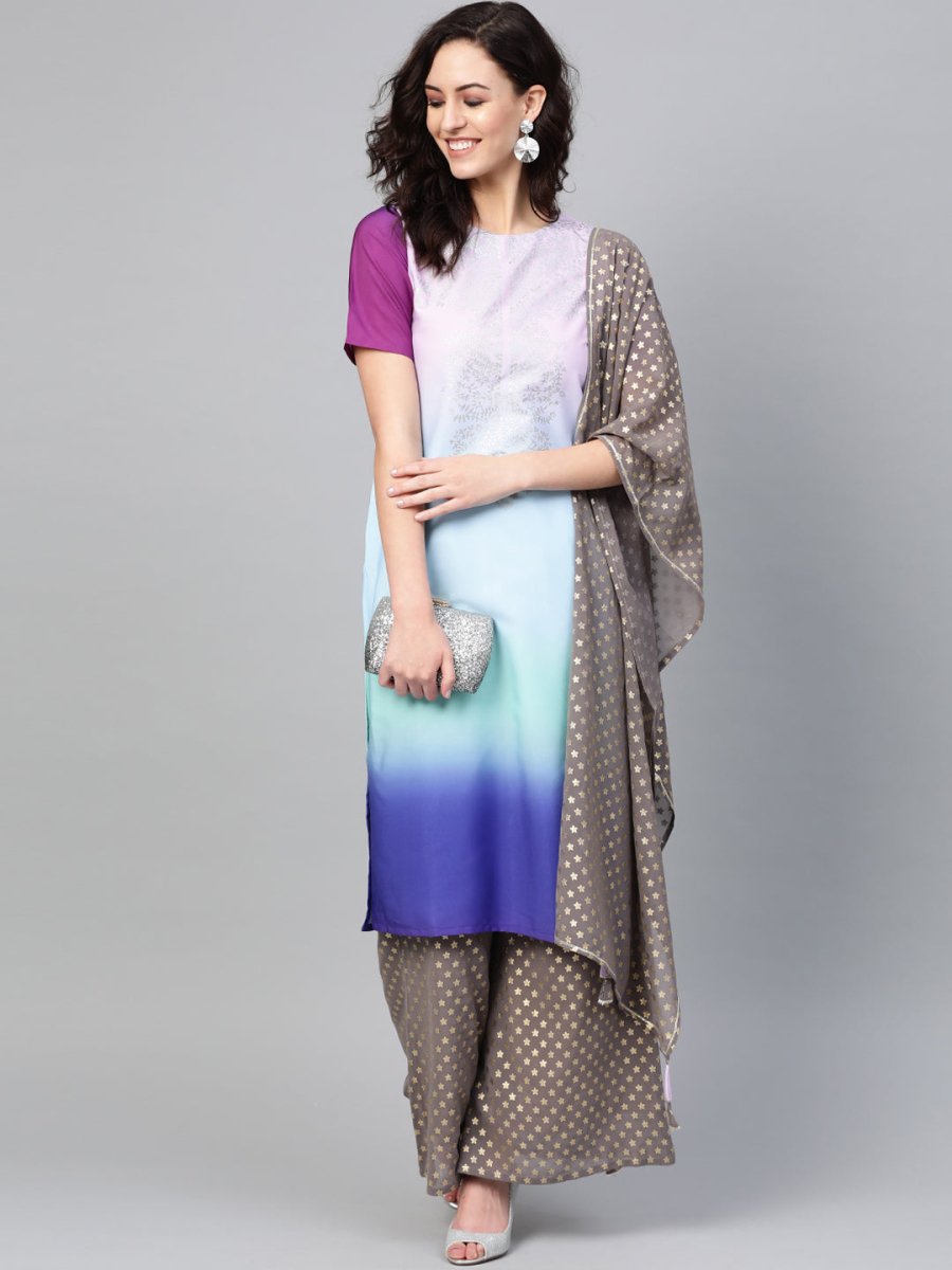 Ahalyaa Women Blue & Charcoal Grey Printed Kurta with Palazzos & Dupatta | Grocsy