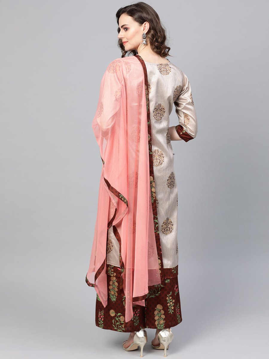 Ahalyaa Grey & Coffee Brown Printed Kurta with Palazzo & Dupatta | Grocsy