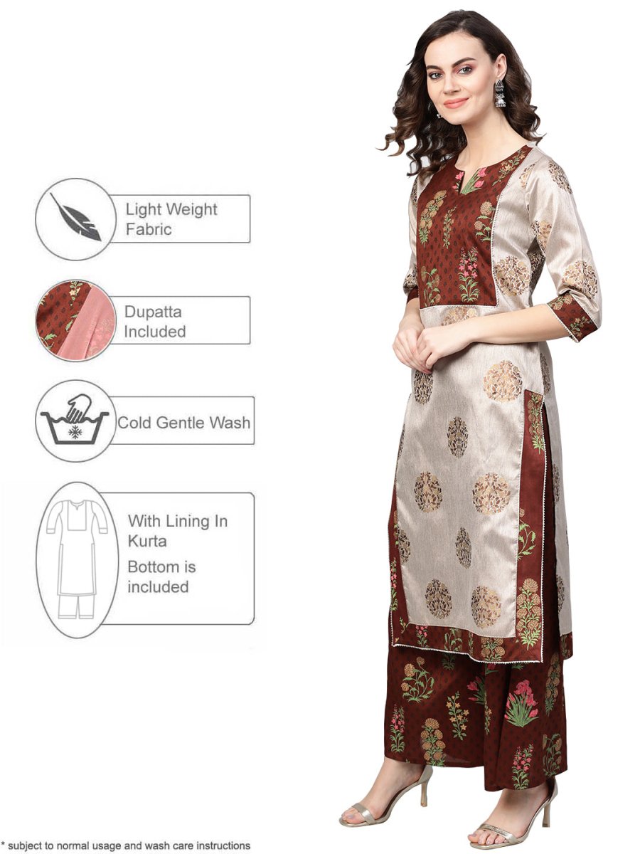 Ahalyaa Grey & Coffee Brown Printed Kurta with Palazzo & Dupatta | Grocsy