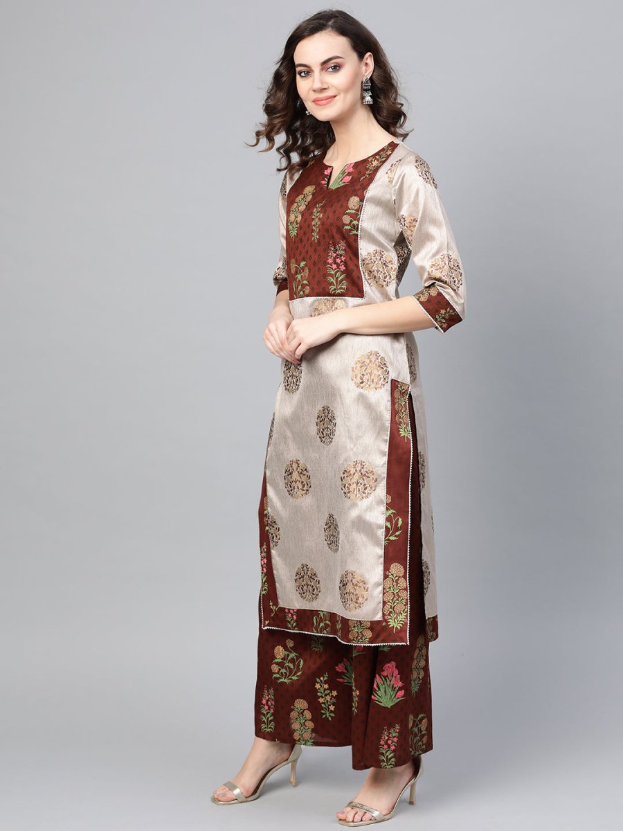 Ahalyaa Grey & Coffee Brown Printed Kurta with Palazzo & Dupatta | Grocsy