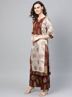Ahalyaa Grey & Coffee Brown Printed Kurta with Palazzo & Dupatta | Grocsy