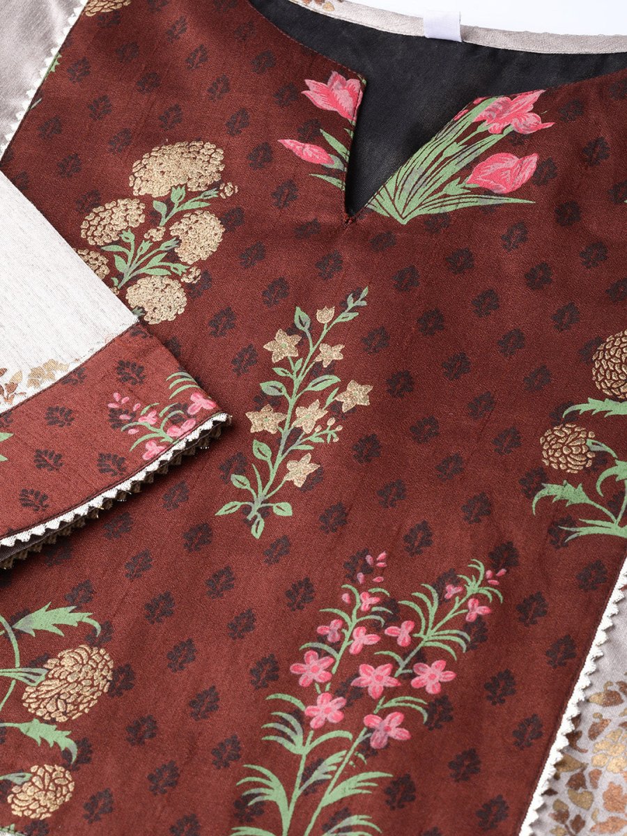 Ahalyaa Grey & Coffee Brown Printed Kurta with Palazzo & Dupatta | Grocsy