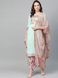Ahalyaa Women Sea Green & Pink Printed Straight Kurta with Palazzos & Dupatta | Grocsy