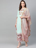Ahalyaa Women Sea Green & Pink Printed Straight Kurta with Palazzos & Dupatta | Grocsy