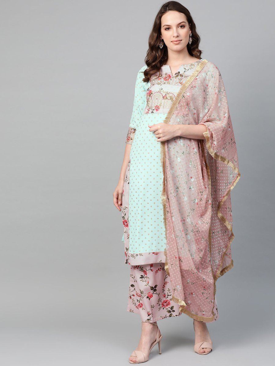 Ahalyaa Women Sea Green & Pink Printed Straight Kurta with Palazzos & Dupatta | Grocsy