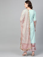 Ahalyaa Women Sea Green & Pink Printed Straight Kurta with Palazzos & Dupatta | Grocsy