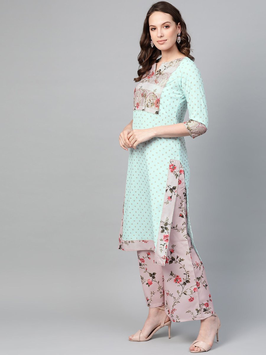 Ahalyaa Women Sea Green & Pink Printed Straight Kurta with Palazzos & Dupatta | Grocsy